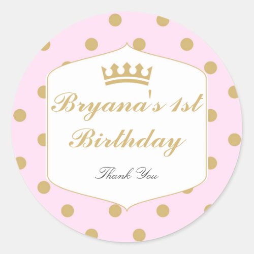 Pink  Gold Dots Royal Crown Princess Stickers