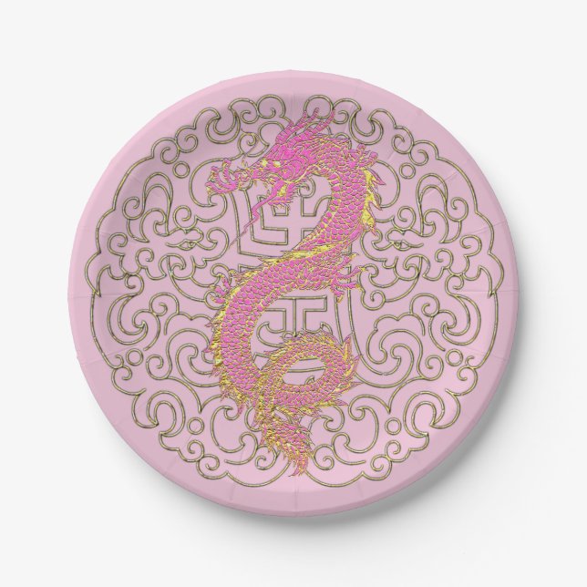 Pink Gold Dragon on Chinese Traditional Pattern Paper Plates (Front)