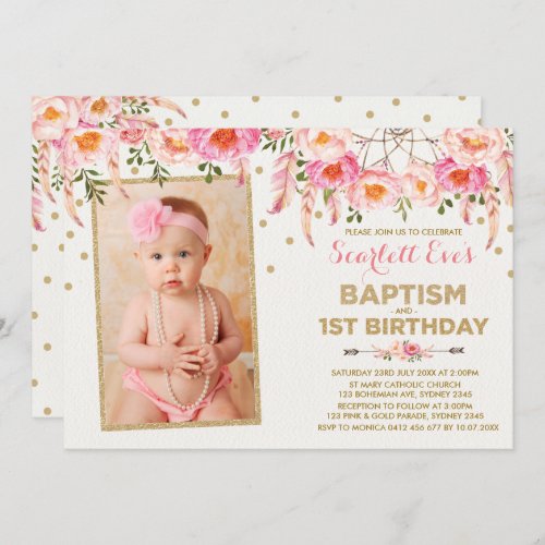 Pink Gold Dreamcatcher Baptism 1st Birthday Party Invitation