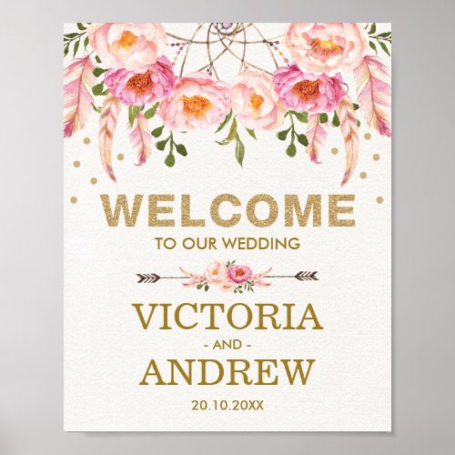 Pink Gold Dreamcatcher Boho Flower Wedding Welcome Poster
