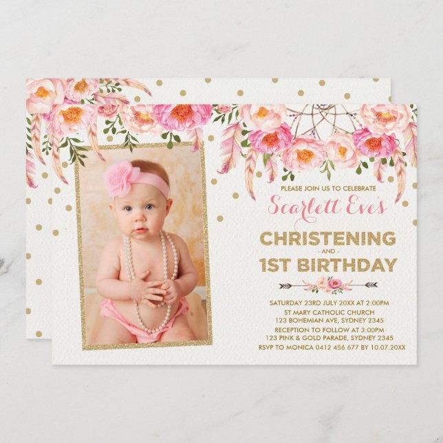 Pink Gold Dreamcatcher Christening 1st Birthday Invitation (Front/Back)