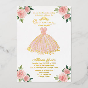 Pink Gold Dress Quinceanera Foil Invitation