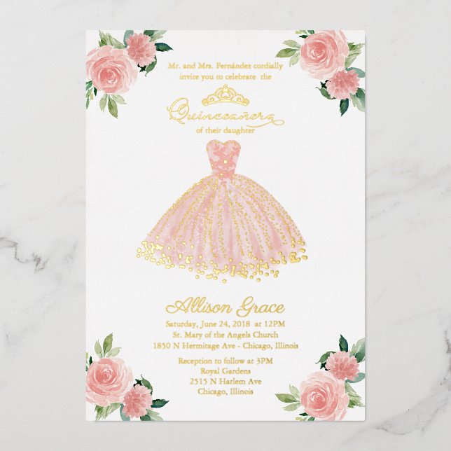 Pink Gold Dress Quinceanera Foil Invitation (Front)