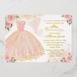 Pink Gold Dress Quinceanera Foil Invitation
