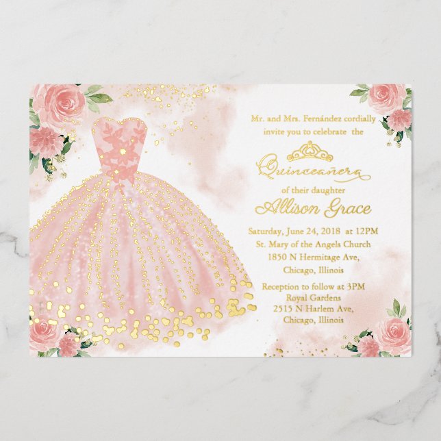 Pink Gold Dress Quinceanera Foil Invitation (Front)