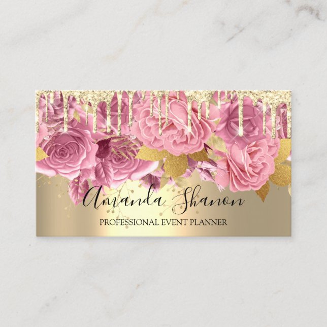 Pink Gold Drip Flower Logo Event Planner QRCode  Business Card (Front)