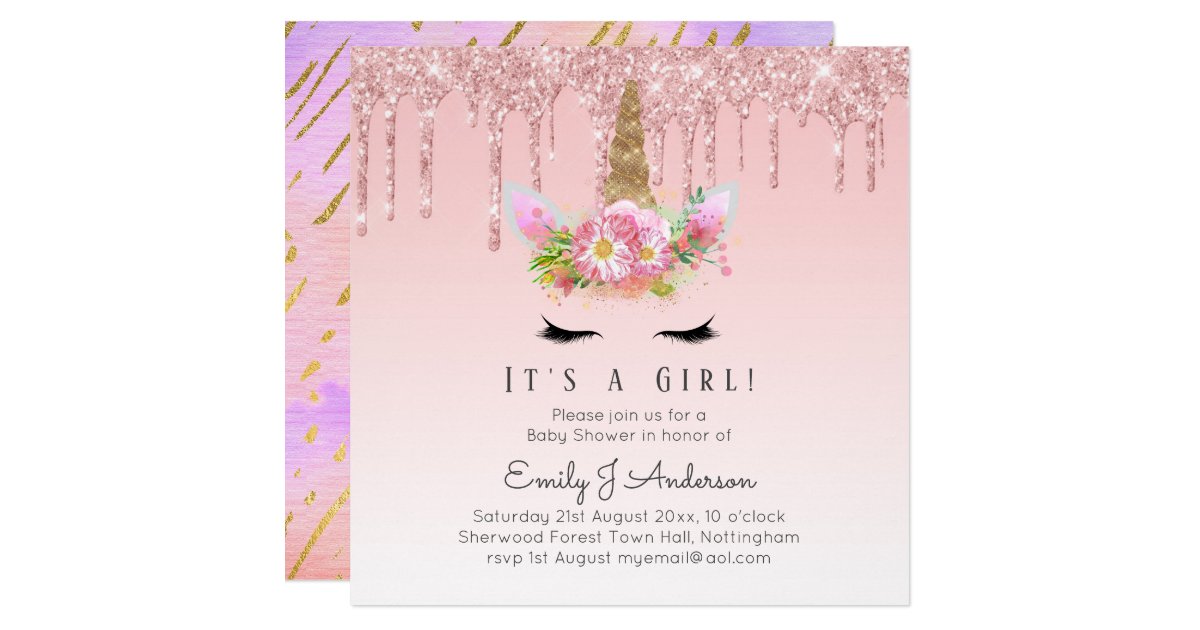 pink gold drip glitter unicorn baby girl shower invitation zazzlecom