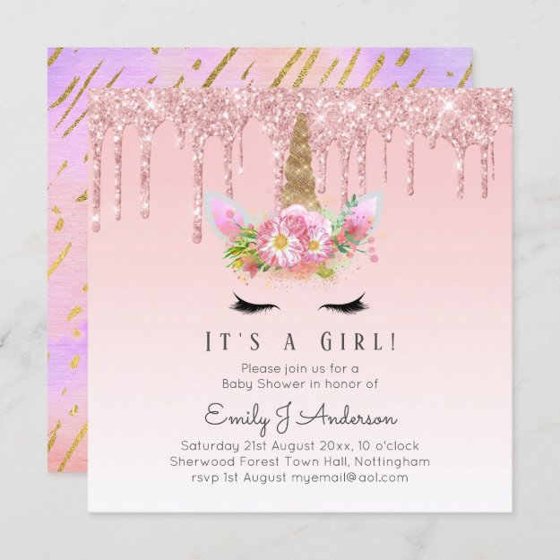 Pink Gold Drip Glitter Unicorn Baby Girl Shower Invitation