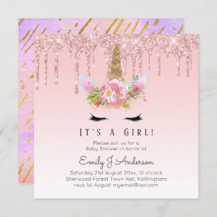Pink Gold Drip Glitter Unicorn Baby Girl Shower Invitation