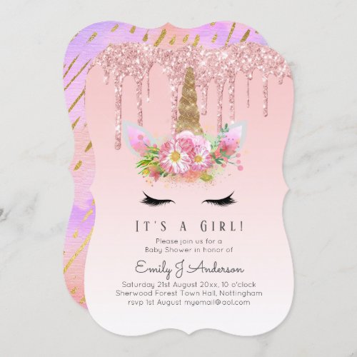 Pink Gold Drip Glitter Unicorn Baby Girl Shower Invitation