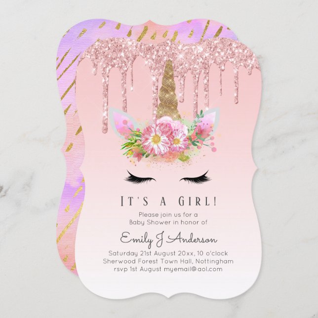 Pink Gold Drip Glitter Unicorn Baby Girl Shower Invitation (Front/Back)