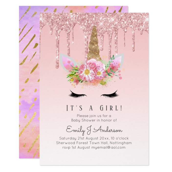 Pink Gold Drip Glitter Unicorn Baby Girl Shower Invitation Zazzle Com