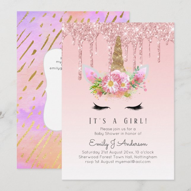 Pink Gold Drip Glitter Unicorn Baby Girl Shower Invitation (Front/Back)