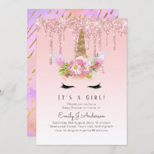 Pink Gold Drip Glitter Unicorn Baby Girl Shower Invitation