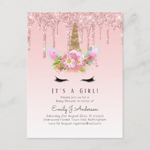 Pink Gold Drip Glitter Unicorn Baby Girl Shower Postcard