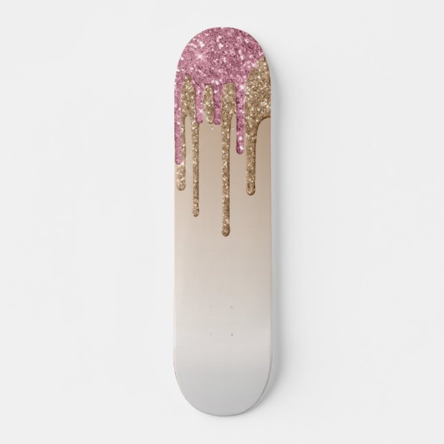 Pink & Gold Dripping Glitter Skateboard (Front)