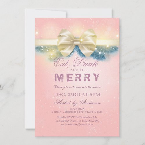 Pink  Gold Eat Drink Merry Christmas Party Invite