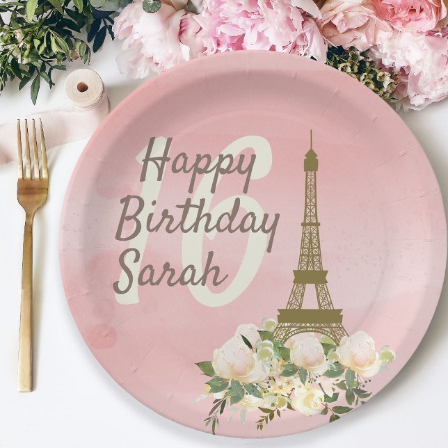 Pink Gold Eiffel Tower Sweet Sixteen Birthday Paper Plates (Paris/Eiffel Tower Sweet 16 paper plate)