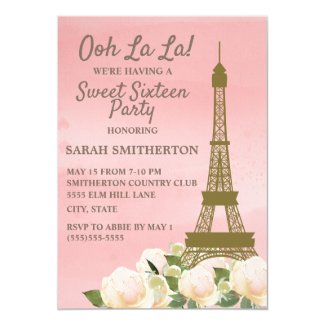Pink Gold Eiffel Tower White Floral Sweet 16 Invitation