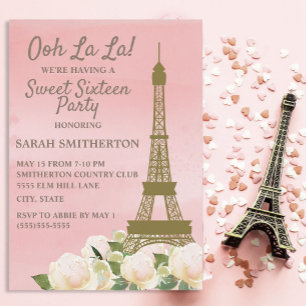 Pink Gold Eiffel Tower White Floral Sweet 16 Invitation
