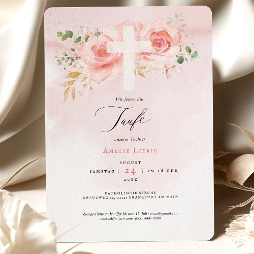 Pink  Gold Einladung zur Taufe mit Rosen Invitation