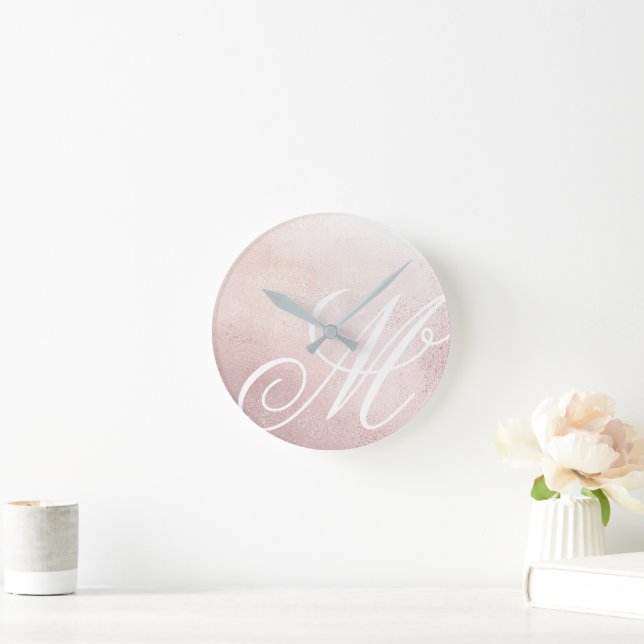 Pink Gold Elegance Monogram Acrylic Wall Clock (Home)