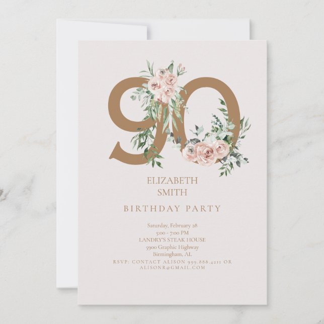 Pink & Gold Elegant 90th Birthday Party Invitation (Front)