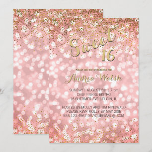 Pink Gold Elegant Bokeh Lights Glitter Sweet 16 Invitation