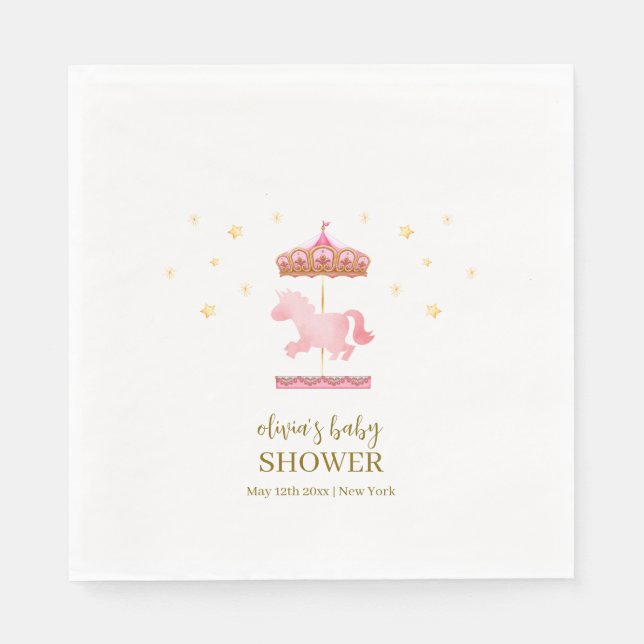 Pink Gold Elegant Carousel Carnival Baby Shower Napkins (Front)