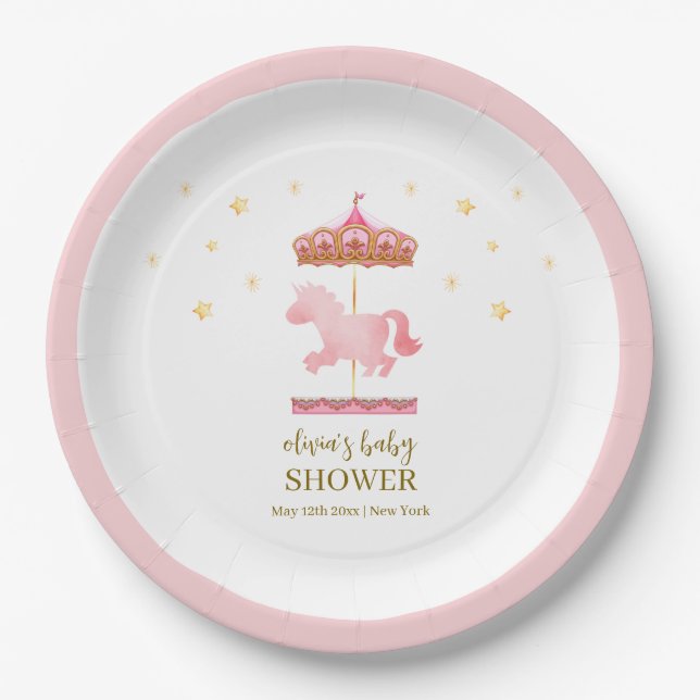 Pink Gold Elegant Carousel Carnival Baby Shower Paper Plates (Front)