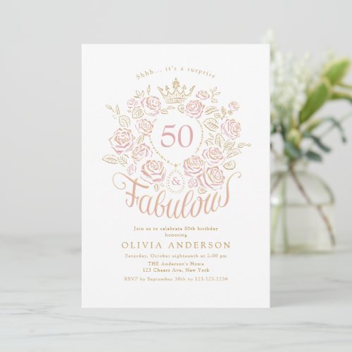 Pink & Gold Elegant Floral 50 & Fabulous Birthday Invitation