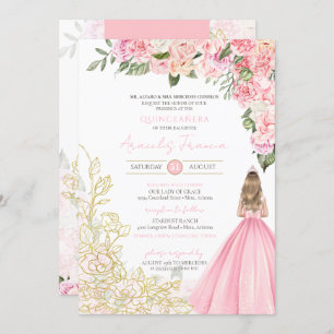 Pink & Gold Elegant Floral Girly Quinceanera Invitation