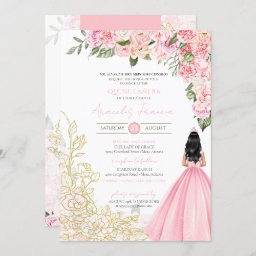 Pink Gold Elegant Floral Pretty Dress Quinceaera Invitation