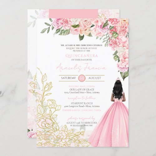 Pink Gold Elegant Floral Pretty Dress Quinceaera  Invitation
