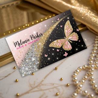 Pink Gold Elegant Glitter Butterfly Business Card