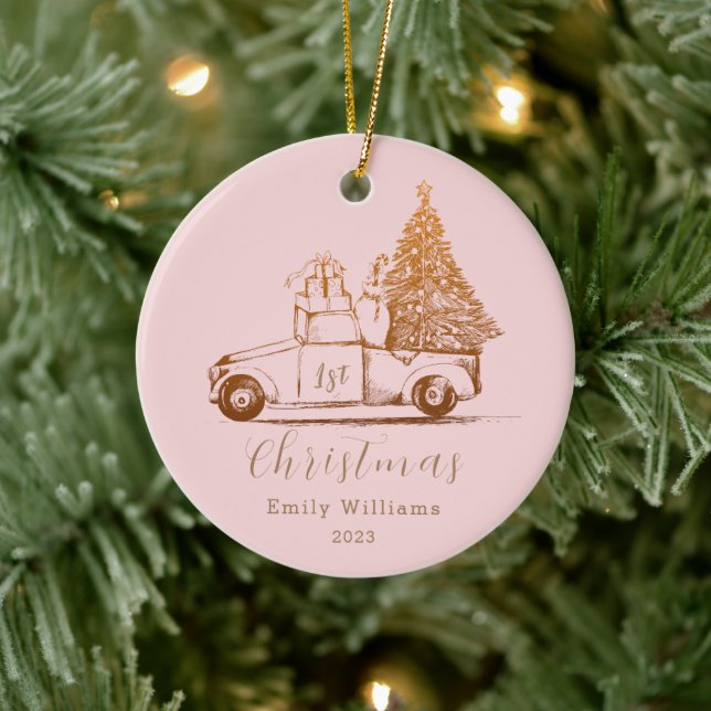 Pink Gold Elegant Photo Baby's First Christmas Ceramic Ornament (Tree)