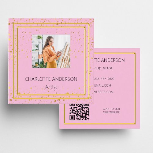 Pink gold elegant photo QR code Square Business Card
