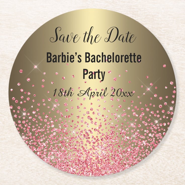 PINK GOLD ELEGANT SAVE THE DATE Bachelorette Round Paper Coaster | Zazzle