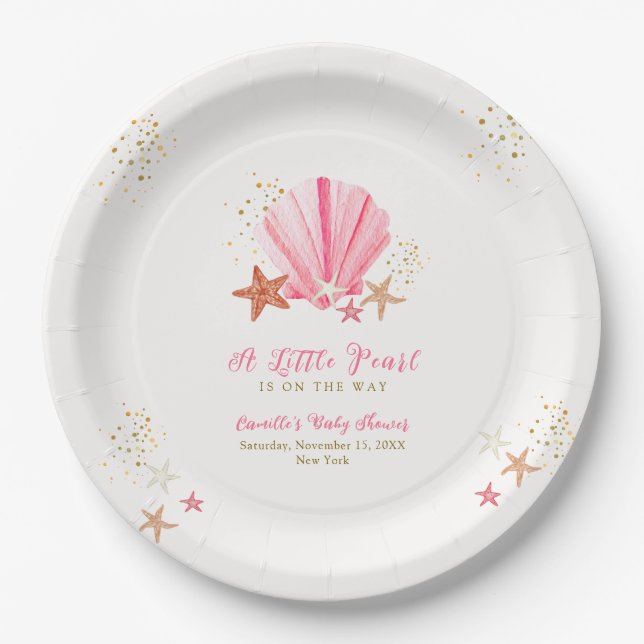 Pink Gold Elegant Starfish Seashell Baby Shower  Paper Plates (Front)