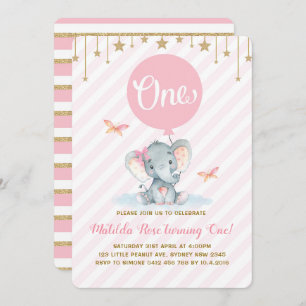 Pink Gold Elephant 1st First Birthday Twinkle Star Invitation