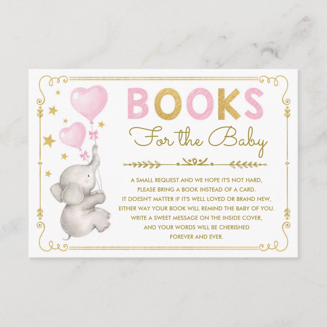 Pink Gold Elephant Baby Girl Bring a Book Card | Zazzle