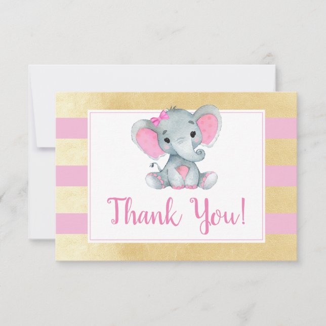 Pink Gold Elephant Thank you Card Shower Birthday (Front)