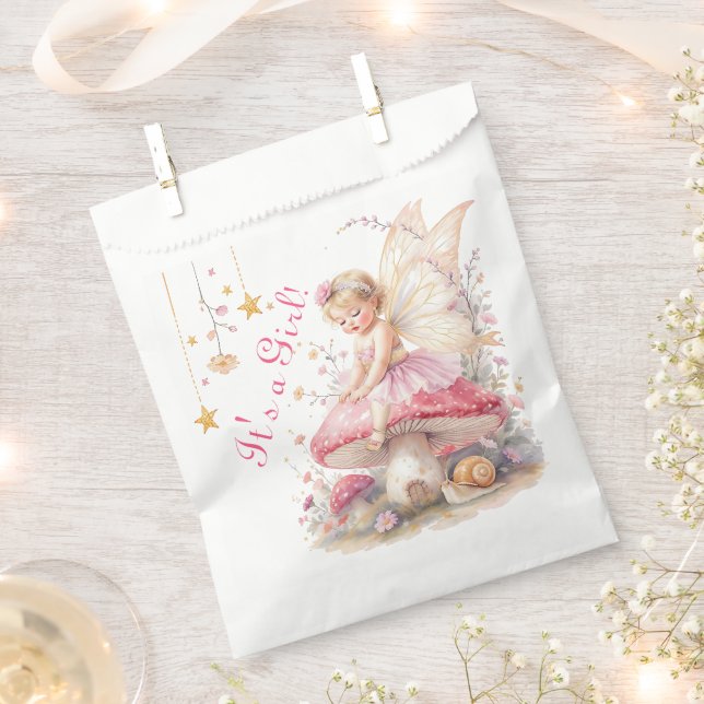 Pink & Gold Fairy Cottage Core Girl's Baby Shower  Favor Bag (Clipped)