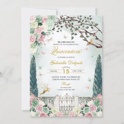 Pink Gold Fairy Enchanted Garden Quinceanera Invitation