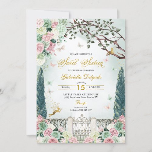 Pink Gold Fairy Enchanted Garden Sweet 16 Invitation
