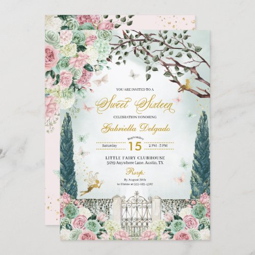 Pink Gold Fairy Enchanted Garden Sweet 16 Invitation