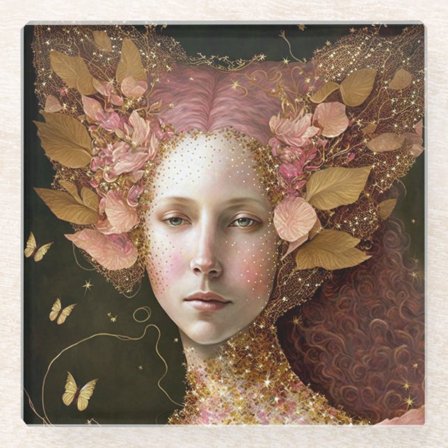 Pink Gold Fairy Fae Woman Fantasy Art Glass Coaster (Front)