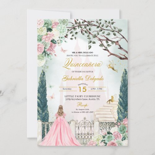 Pink Gold Fairytale Enchanted Garden Quinceanera Invitation