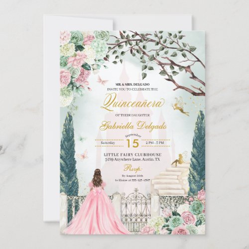 Pink Gold Fairytale Enchanted Garden Quinceanera Invitation