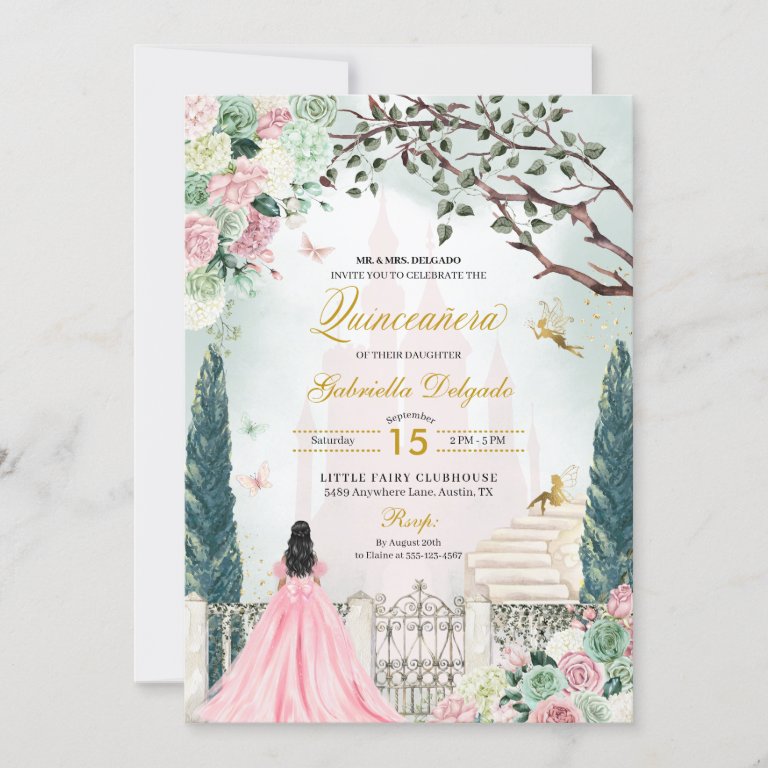 Pink Gold Fairytale Enchanted Garden Quinceanera                    Invitation